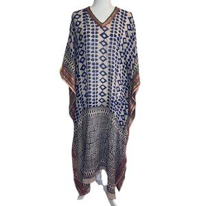 Boho Blue Geometric Hand Stamped Kaftan One Size Cotton Blend Multicolor V-Neck